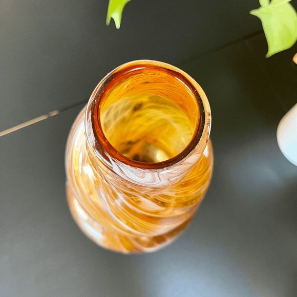 Vintage Huluping Hand Blown Brown and White Swirl Art Glass Bubble Vase - Picture 5 of 6